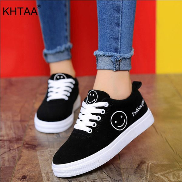 

new women vulcanized shoes flats canvas shoes classic lace up female sneakers print smiley face walking fashion ladies footwear y200424, Black