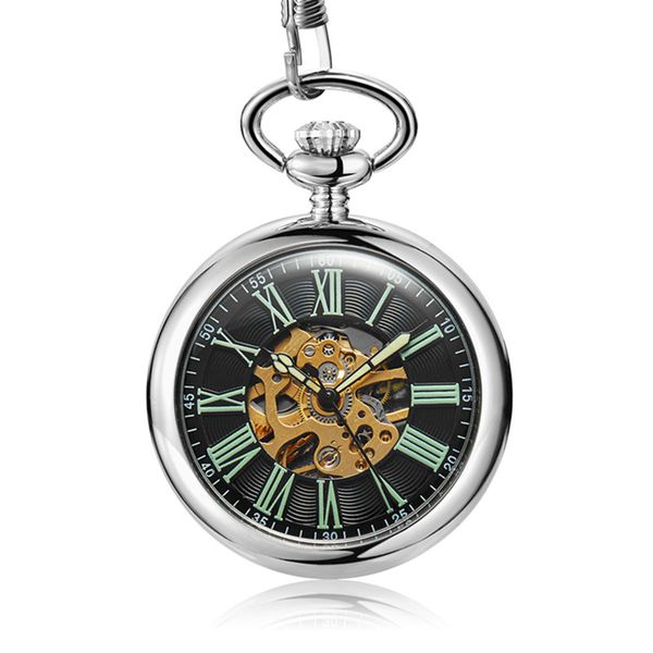 

gorben silver skeleton mechanical pocket watches green roman numerals men women pocket watch with necklace chain, Slivery;golden