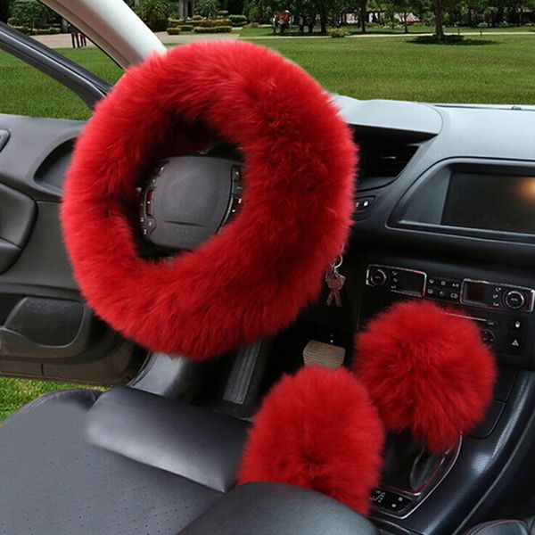 

3pcs/set artificial car auto long plush warm steering wheel handbrake cover