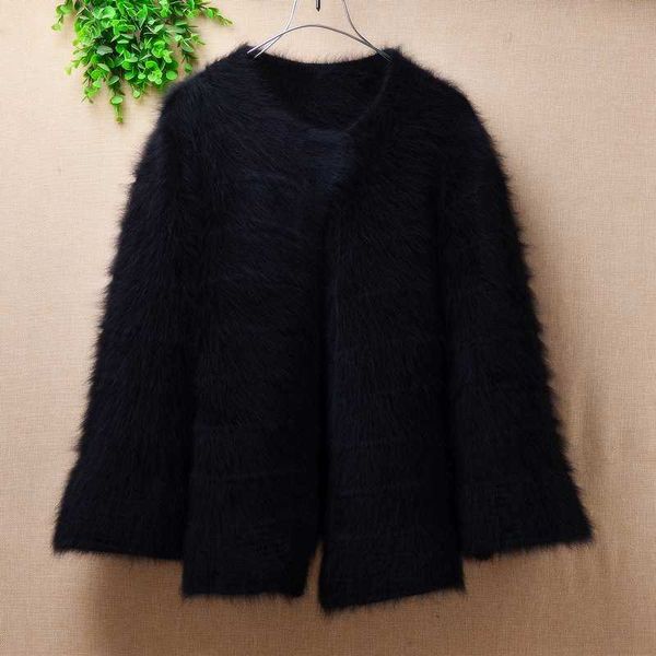

2020 новый женский плащ кардиган тонкий малый размер ангорский мех вязаный свитер кашемировая куртка женское пальто, Black