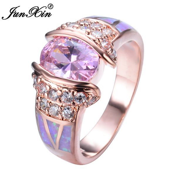 

elegant female pink opal stone ring charm rose gold wedding rings for women crystal bridal oval engagement ring, Slivery;golden