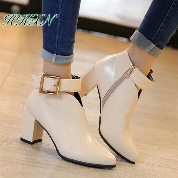 

hkxn 2019 ankle strap high heels women ankle boots pointed toe footwear zip female booties pu shoes woman winter high 7cm, Black