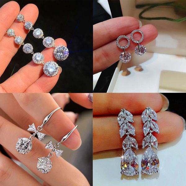 

female crystal white zircon stud earrings vintage 925 sterling silver wedding jewelry boho bow leaf round earrings for women, Golden;silver