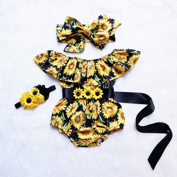 

Cute Newborn Baby Girl Sunflower Bodysuit Floral Sleeveless Summer Infant Baby Girls Bodysuit Headband Belt Outfits Set #2F