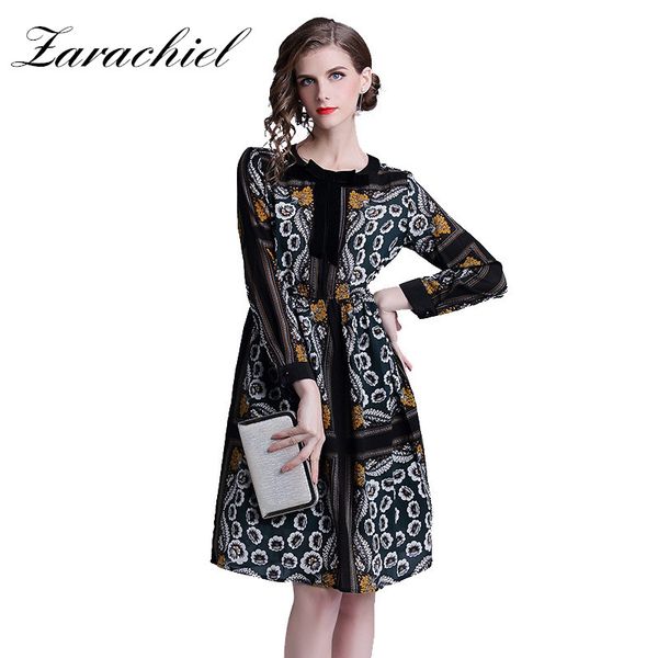 

2019 spring women's long sleeve round neck vintage flower print bow decorated elastic waist knee length dress, Black;gray
