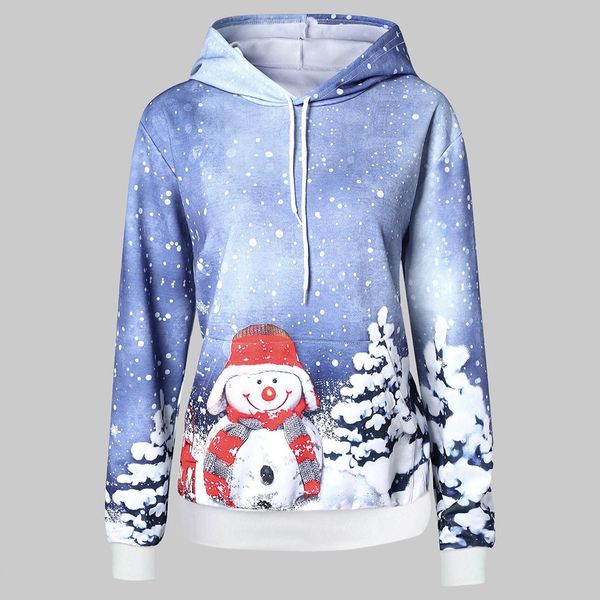 

women's snowman print christmas sweatshirts ladies thick winter hoodies sweatshirts pocket long sleeve hoodie pullover new, Black
