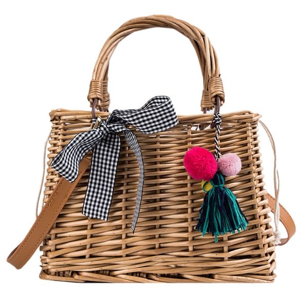 

fashion women's bag bow woven tassel handbag bamboo series youth shoulder diagonal cross bag temperament handbag basket