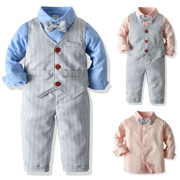 

fall autumn baby boy party bow tie suit toddler gentleman pant stripe romper clothes gentle set outfit, White