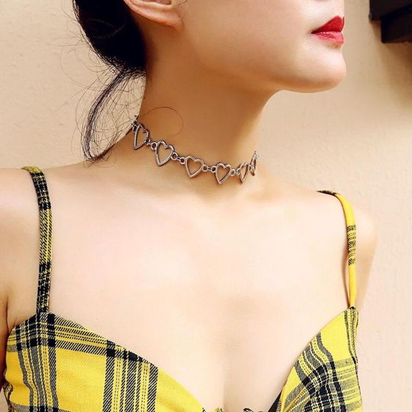 

yimuba silver color punk hollow out heart choker necklace hip hop link chain necklace gift for lovers grunge gothic jewelry, Golden;silver