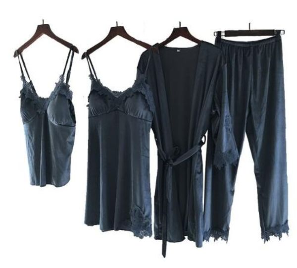 

women pajamas sets camisole robe suit pijamas mujer lace velvet pyjamas femme long sleeve sleepwear 4pcs, Blue;gray