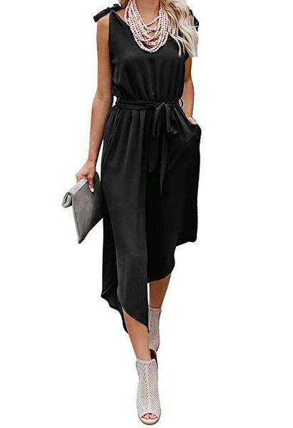 

bow sleeveless v neck loose womens jumpsuits irregular length women rompers summer capris plus size clothing, Black;white