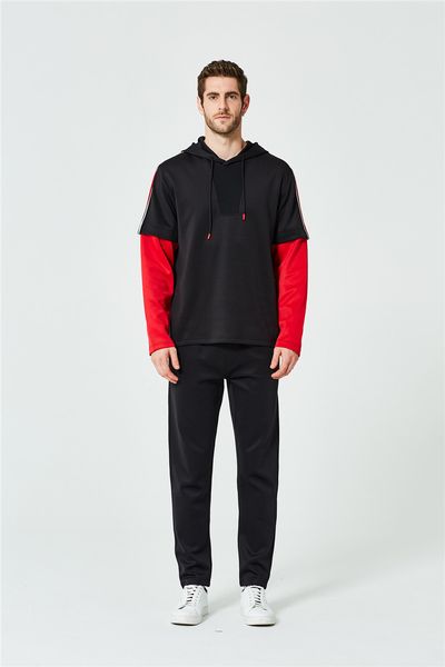 

two colors mens designer tracksuits panelled fake 2 piece pants striped loose sports long sleeved hooded pullover fashion mens tracksuits, Gray