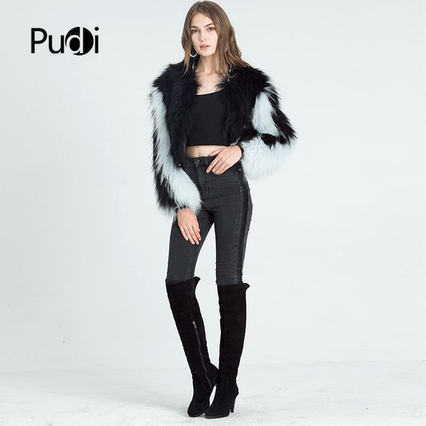 

pudi ct910 women new fashion real raccoon fur short jacket lady dog natural fur modern coats, Black