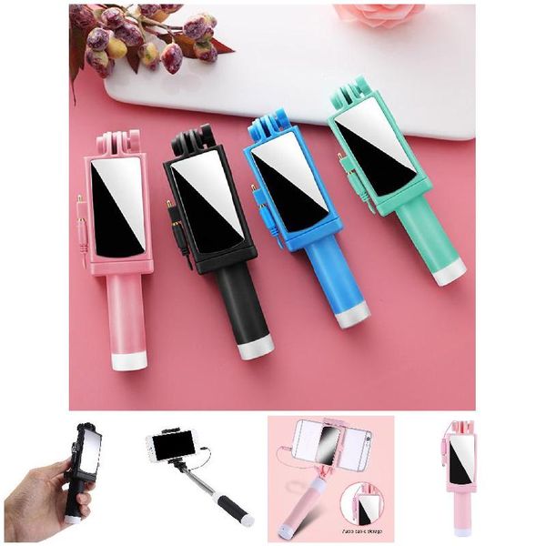 

wired selfie stick with mirror foldable stable stainless steel for iphone android mobile phone