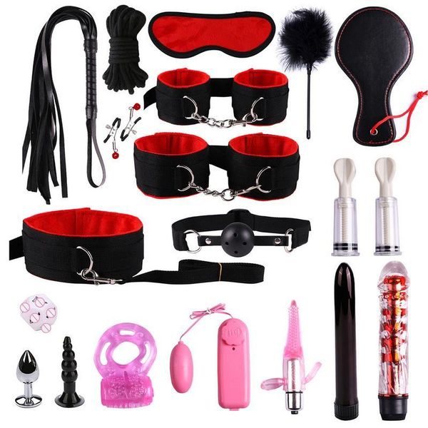 

19pcs/set leather nylon plush bondage set restraints for couples woman slave sm erotic toy handcuff suit toys ly191222, Red;black
