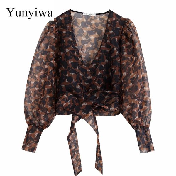 

women cross v neck printing transparent organze smock blouse shirts women hem bow tied kimono blusas retro chemise, White