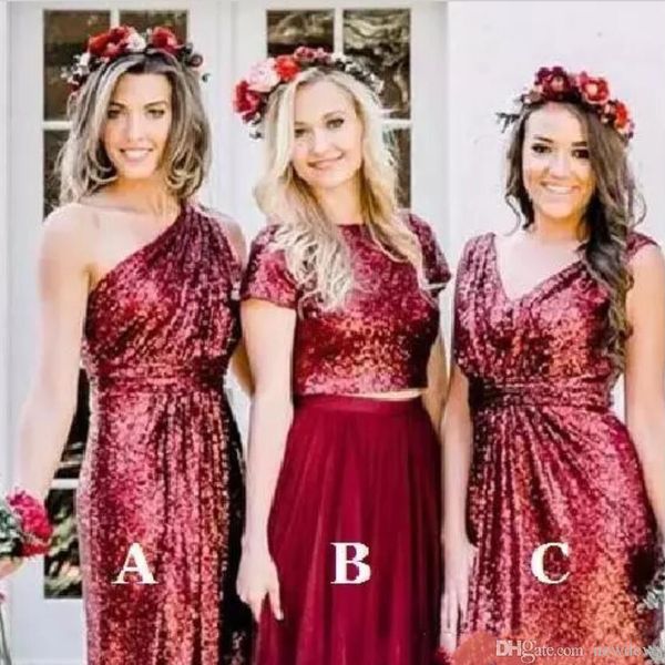 

burgundy sequin bridesmaid dresses jewel one shoulder floor length evening gowns 2020 custom made wedding guest dress, White;pink