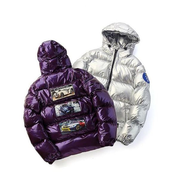 

2018 зимняя мода окрашенные супер яркий утолщенные хлопчатобумажное пальто мужчины чао бренд личный ретро автомобиль с надписью пара хлопчат, Black