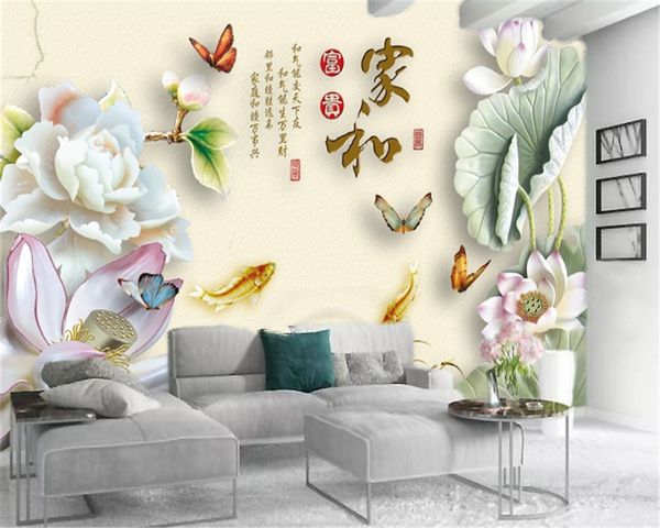 Living 3d Wallpaper 3d Jade Carving Peony Lotus Soggiorno Camera da letto TV Sfondo muro Carta da parati murale in seta