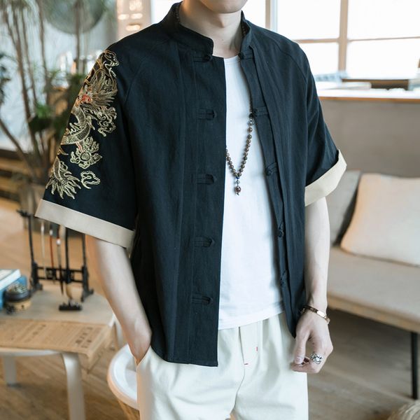 

3color traditional chinese clothing for men dragon linen short sleeve shirt chinese men tang suit retro casual costume, Red