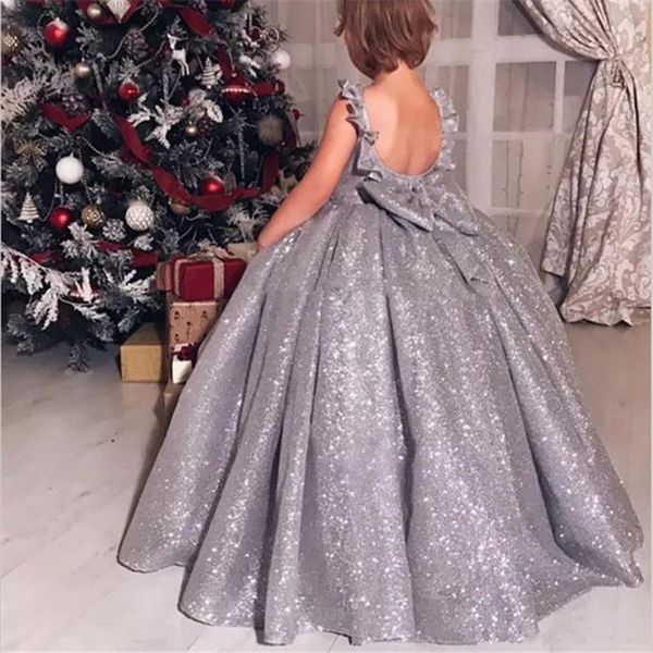 

Blingbling Sliver Sequin 2019 Девушки Pageant Платья с открытой спиной Jewel Шея бальное платье Ruched Д