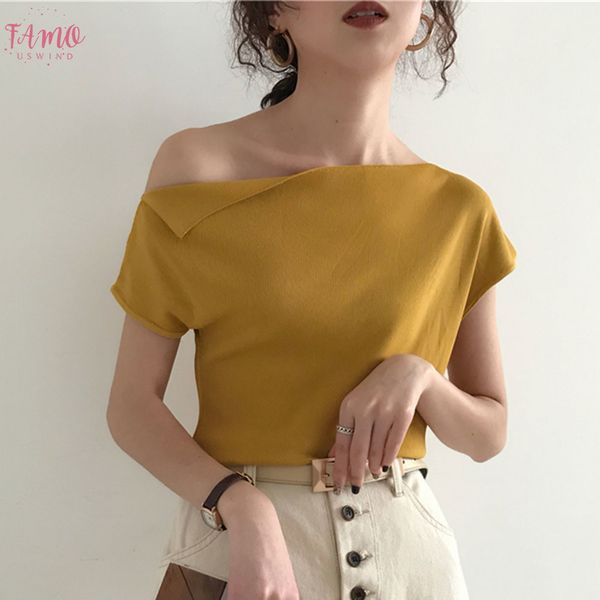 

2020 korean style knitted women t shirt summer one shoulder ice silk knitting tshirt casual street chic tees colors, White