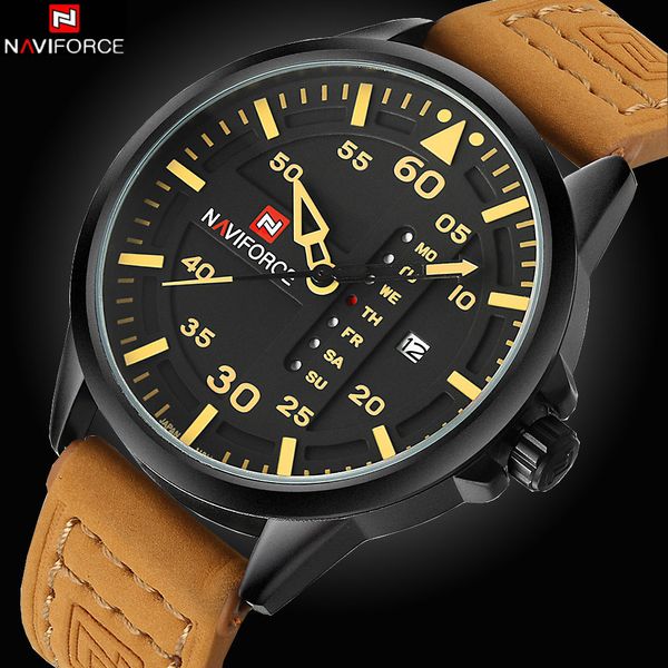 

naviforce date japan movt square men quartz casual watch army sports watch men watches male leather clock, Slivery;brown