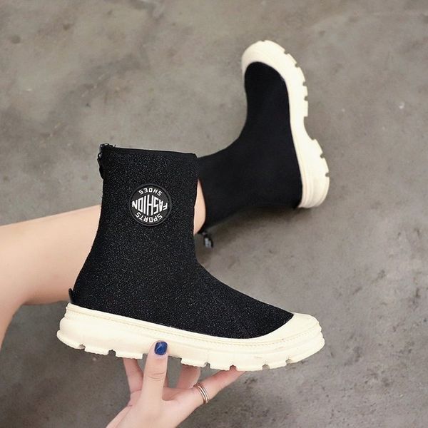 

new women boots high help thick bottom boots increase ventilation zipper booties fashion sneakers women shoes, Black