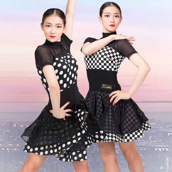 

latin dance dress black net yarn short sleeve tango salsa cha cha rumba samba dancing clothes ladies practice wear dnv11759, Black;red
