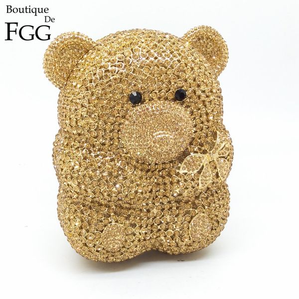 

gift box women cartoon cute bear hollow out gold crystal evening bags metal hard case clutches rhinestones handbag clutch purse