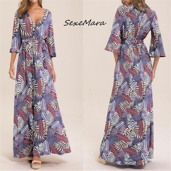 

plus size 2020 summer women bohemian dress sashes maxi dresses three quarter casual print dress, Black;gray