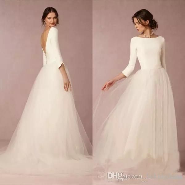 

100% REAL IMAGE Cheap Modest Winter Wedding Dresses 2019 Soft Tulle Skirt Sweep Train Wedding Dresses A Line Satin Top Backless Bridal Gowns