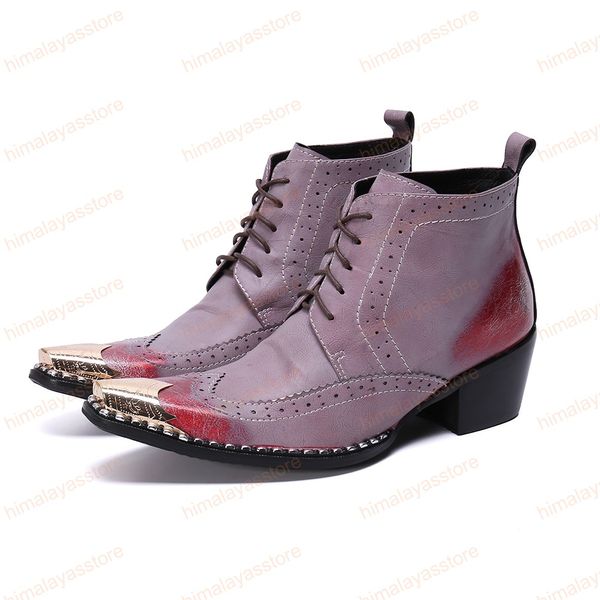 Novo Tipo britânico Homens Botas Pointed Toe Ferro Couro Botas Ankle Lace-up Negócios Botas