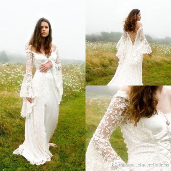 

gothic boho bohemian off the shoulders wedding dresses 2020 with bell sleeves lace up medieval bridal gowns country celtic wedding gown, White