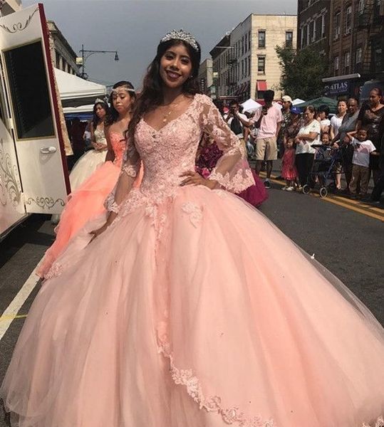 

designer peach pink quinceanera dresses plus size bright ball gown long sleeves lace cinderella prom party miss pageant sweet 15 dress, Blue;red