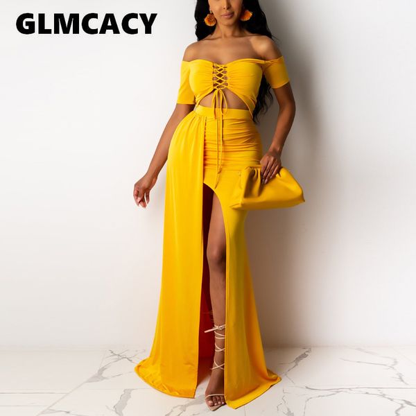 

women off shoulder lace up two piece solid dress backless high slit maxi dress formal evening party long, Black;gray