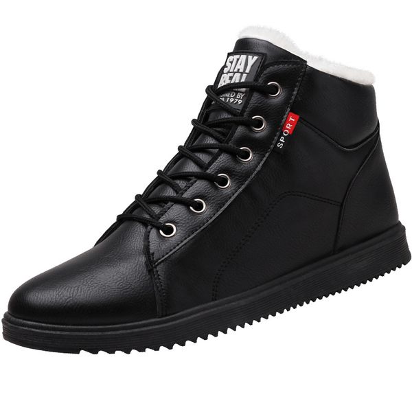 

autumn winter leather ankle snow men boots shoes with fur plush warm male casual boot sneakers erf4, Black