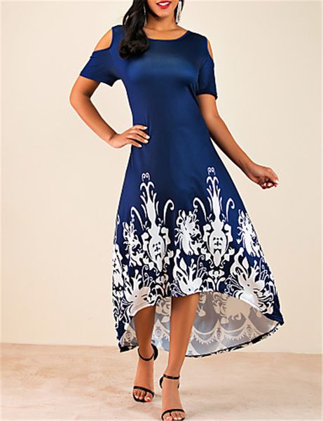 

женский плюс размер daily повседневного basic high low cold shoulder свинг платье - цветочный цветок cut out цветочных печати черный вино те, Black;gray