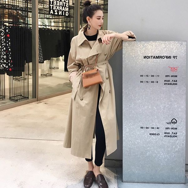 

women autumn long sleeve double breasted long trench coat sashes female pocket khaki windbreaker, Tan;black