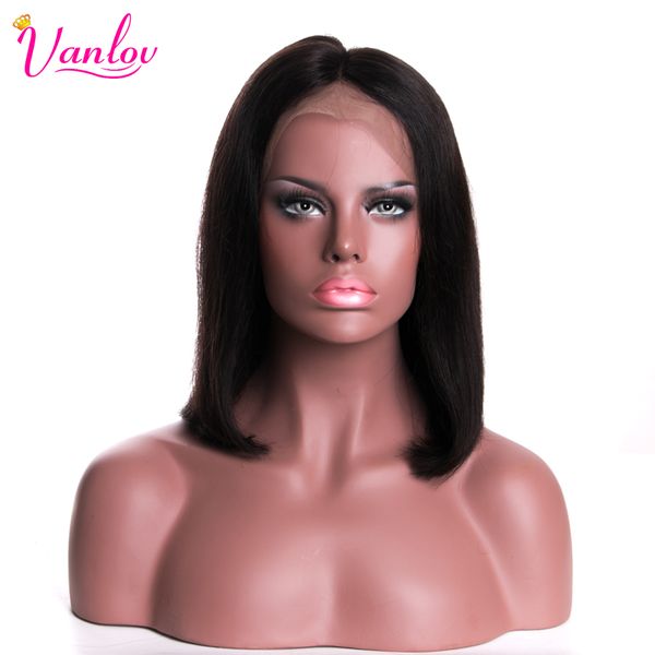 

vanlov straight short bob wigs human hair bob wigs short swiss lace front 130% density brazilian nonremy hair natural color, Black