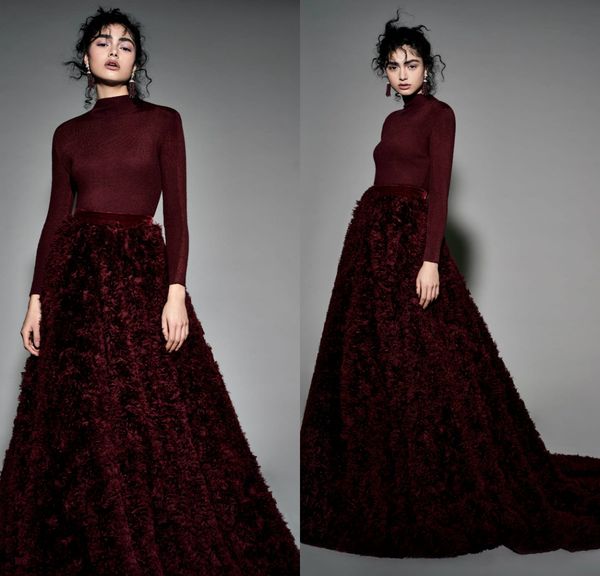 

burgundy prom dresses high neck a line sweep train custom made long sleeve evening dress ruffles 3d floral appliques formal occasion gowns, Black