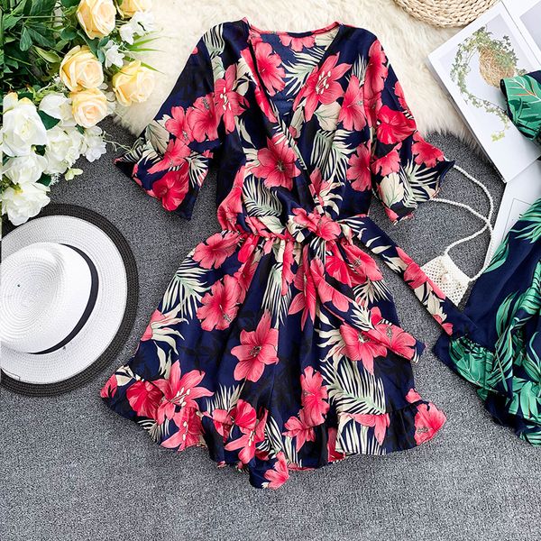 

women's v neck flare sleeve flower print playsuits lady's vintage summer wide leg shorts beach vacation jumpsuits tb1036, Black;white