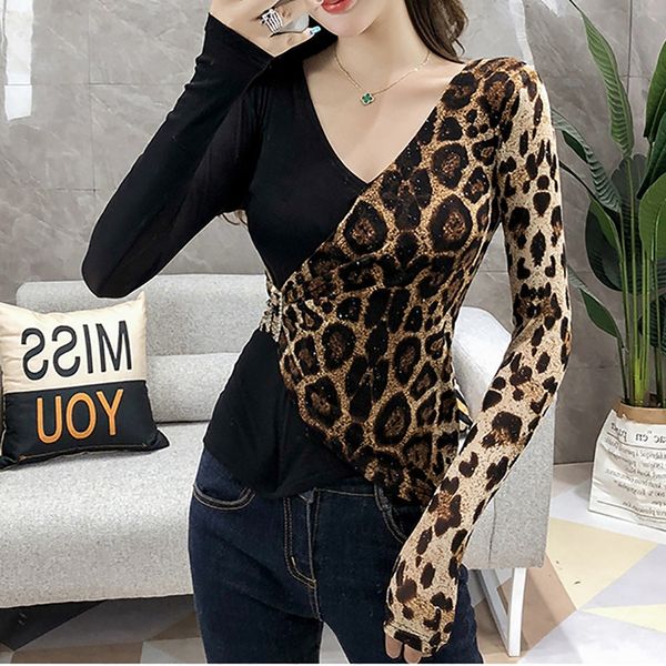 

women casual shirts ladies women v-neck long sleeve leopard print mesh stitch casual blouse #3, White