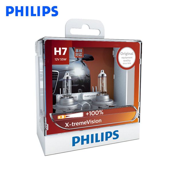 

philips original h7 12v 55w px26d x-treme vision car headlight bulbs bright halogen lamps ece approve 100% more vision, pair