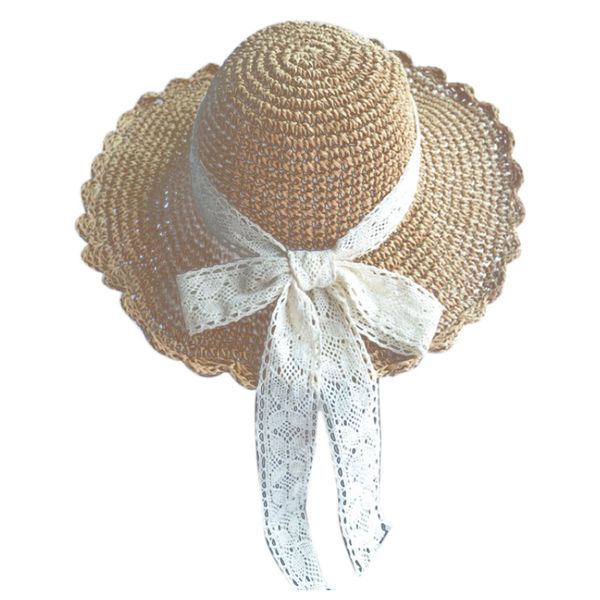 

lovely summer beach sun straw hat outdoor lace bowknot straw cap sunhat breathable straw hat for women lotus leaf edge