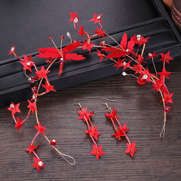 

acrddk fairy bridal jewelry sets red flowers hairband earrings handmade jewelry set tassels eardrop bride wedding accrssories, Slivery;golden