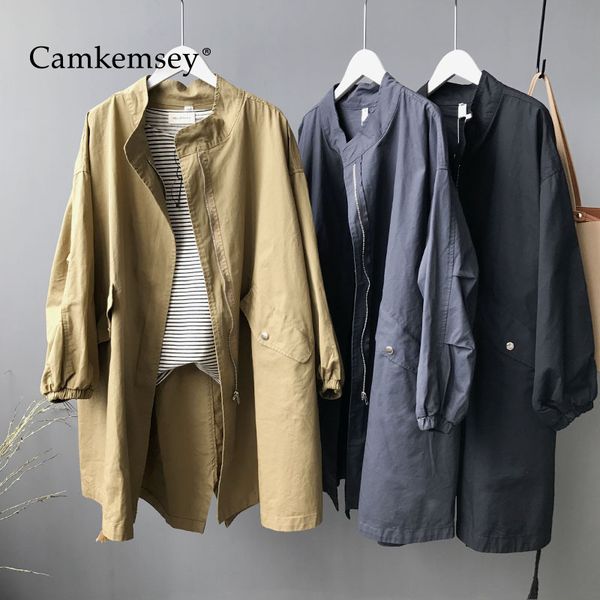 

camkemsey korean bf loose overcoats women 2019 spring autumn long sleeve casual pockets harajuku windbreaker trench coats, Tan;black