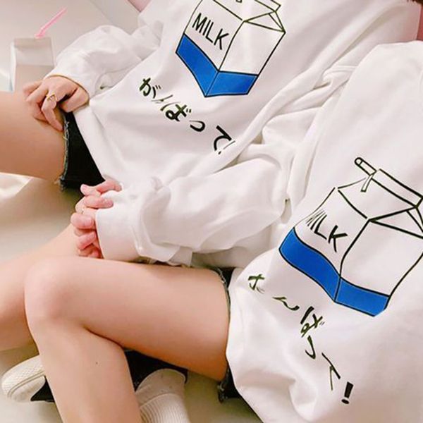 

japan harajuku cute retro kawaii loose casual ulzzang milk box cartoon funny print oversized female winter warm sweatshirt, Black
