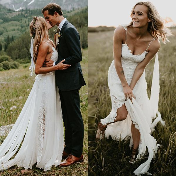 

boho wedding dress spaghetti strap a line lace v neck backless beach chiffon wedding gown bride dress with wrap 2020, White