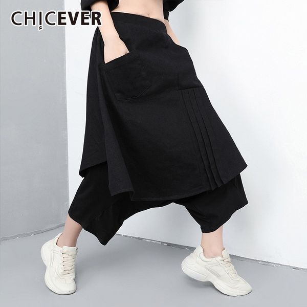 

chicever spring black women fake two pieces pant elastic waist loose plus size ankle-length female cross-pants 2020 fashion new, Black;white